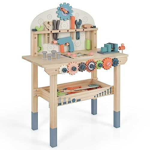 COSTWAY Werkzeugbank für Kinder, Spielwerkbank Holz mit magnetischem Gestell, Ablageregal & Zubehör, Werkstatt Werkbank mit Werkzeugen Set Montessori für Kinder ab 3 Jahren
