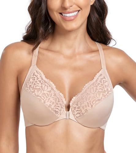 Lemorosy - Reggiseno Donna in Pizzo a Coppa Intera con Chiusura Anteriore Taglie Forti Bella Schiena (Beige,4D)