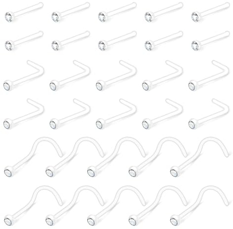 AVYRING 20 g klar nässtud, osynlig klar näshållare med bioflexplast, 30 stycken näsdubbar döljer piercing för skolarbete, Plast