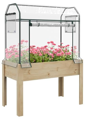 Outsunny Fioriera rialzata in legno con copertura in plastica per serra e fodera per letto, aiuola rialzata per verdure, fiori, erbe, 115 x 60 x 165 cm, trasparente