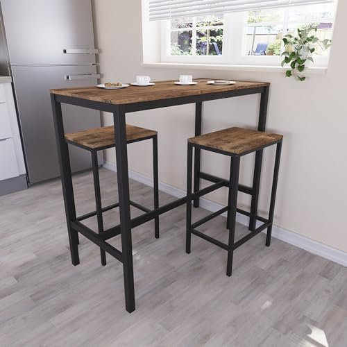 Vida Designs Roslyn 3-Piece Table Set with 2 Stools/Chairs, Compact Design for Dining, Kitchen, Breakfast Bar, Apartment, Balcony, Garden with Industrial Steel Frame, H90xW100xD5 (Dark Wood)