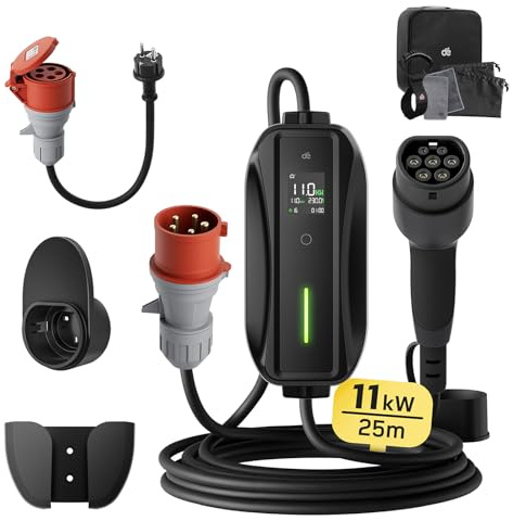 dé elbilsladdare 3 fas [25m,11kW,6-16A] laddkabel elbil Typ 2 | Justerbar Ström, ev charger 11kW med Timer & Fördröjning, IP65 EV Laddbox för Elbilar & PHEV
