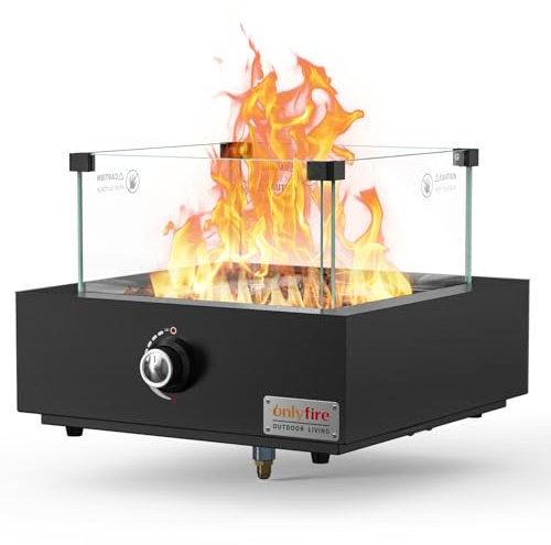 Onlyfire Tabletop Gas Fire Pit, Outdoor Gas Patio Heater with Lava Rocks & Glass Wind Guard, 6,74 kW Propane Fire Pit for Patio, Backyard and Garden, Bottom Mounted, Square