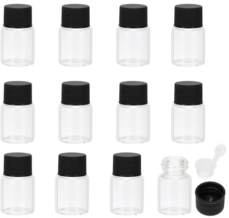 PATIKIL 5 ml flaskor med eteriska oljor, 12-pack genomskinliga glasflaskor med öppningsreducerare, provflaska, smal skruvlock, förvaring av flaskor, svart