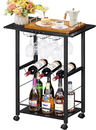 LELELELINKY Servierwagen, Bar Weinwagen mit Weingläser, Flaschenregal, Küchenwagen mit Rollen, Schwarz Industrie-Design Servierwagen mit Rollen, Geeignet für Esszimmer, Küche, Bar, Party, Wohnzimmer