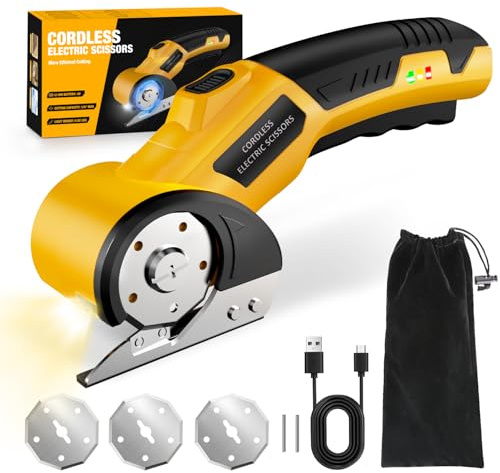 Zeleki Cordless Electric Scissors: 4V Rechargeable Cardboard Cutter, 3 Blades, Safety Lock & LED Light, Box Cutter for Carton Carpet Plastic Fabric Leather(Yellow）
