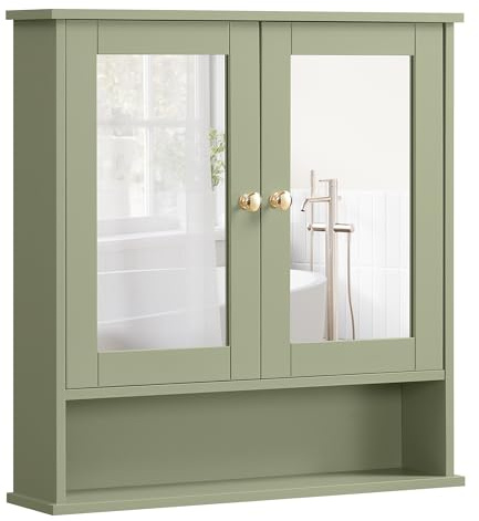 VASAGLE Badrumsskåp, spegel, väggskåp med 2 spegeldörrar och öppet fack, justerbar hylla, väggmontering, 13 x 56,5 x 58,5 cm, lagergrön LHC002C02