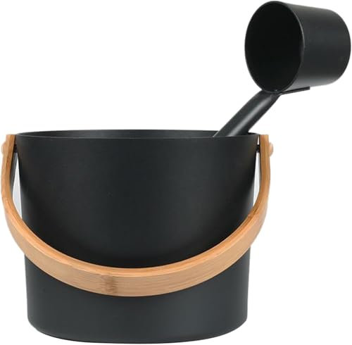 Sauna Bucket and Ladle Set, 7L Aluminium, Finnish Style Spa Accessories,Finnish Sauna Bucket with Long Handle Spoon for Home Bathroom Spa Center Hotel(BlACK)