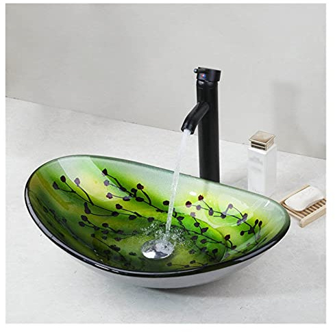 Lavabo de baño, Lavabo de baño ovalado de vidrio templado verde con grifería negra 22 x 13.7 x 5.3 pulgadas