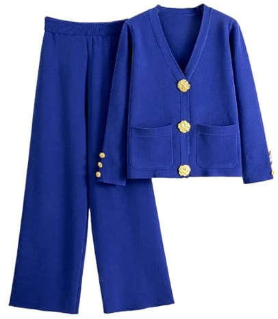 AMhomely Women's 2 Piece Outfits Sweater Set Long Sleeve Knit Pullover Wide Leg Pants Sweatsuit Lounge Set,T64- Blue,One Size
