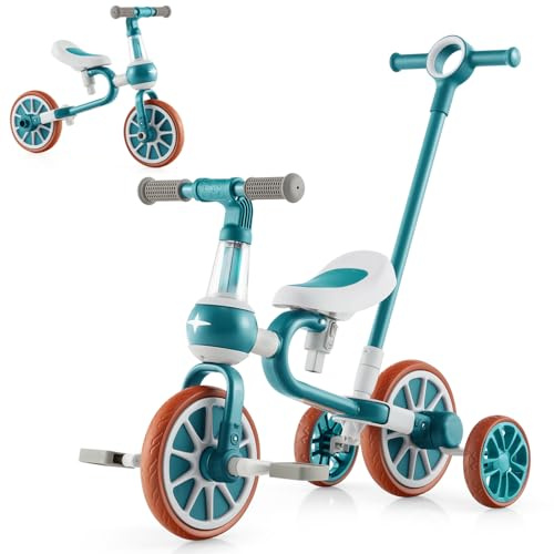 GYMAX 4 in 1 Kids Trike, Toddler Bike with Adjustable Push Handle, 2-Level Seat Height, Removable Pedals and Training Wheels, Baby Balance Bike Birthday Toys for Boys & Girls (Green)