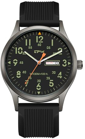 JewelryWe Herrenuhr Leuchtende Militär Armbanduhr: Datum & Wochentag Kalender Analog Quarz Armbanduhr Herren Schwarz Silikonarmband Taktische Sport Uhr mit 12/24 Stunden Zifferblatt
