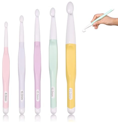 Galenecx 5 Pièces Set de Crochet Tricot, Grandes Aiguilles à Crochet, Aiguille avec Longue Poignée, Crochets Ergonomique, Crochets en plastique ABS avec Poignée en TPR, Boucle de Marquage