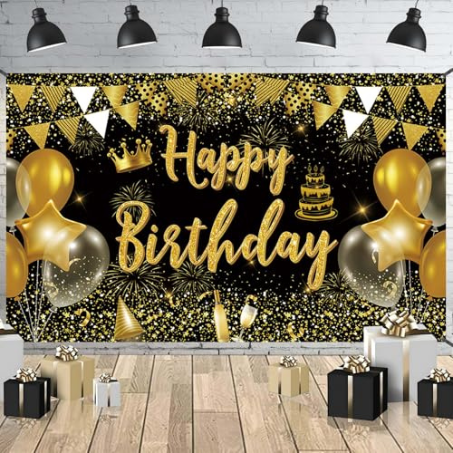 Happy Birthday Banner, Extra Large Fabric Backdrop for Home Outdoor Decorations, 72 x 44 Inch Black Gold Fireworks Balloon Photo Booth Background Banner for Party Supplies