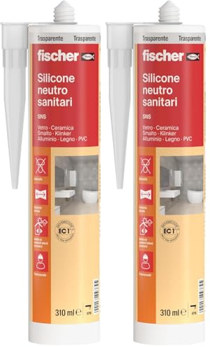 Fischer SNS Silicone Neutro Sanitari, Trasparente, Antimuffa, Per Ambienti Sanitari, WC, Vasca, Doccia, Lavabo, Senza Solventi, Inodore, Uso Esterno, Interno, 9382 (Confezione da 2)
