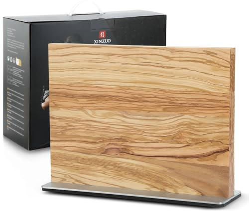 XINZUO Legno d'Ulivo Porta Coltelli Magnetico Bifacciale -Senza Coltello -Base in Acciaio Inossidabile Ceppo Portacoltelli Doppio Lato -Blocco Magnetico per Coltelli da Cucina -con Scatola Regalo