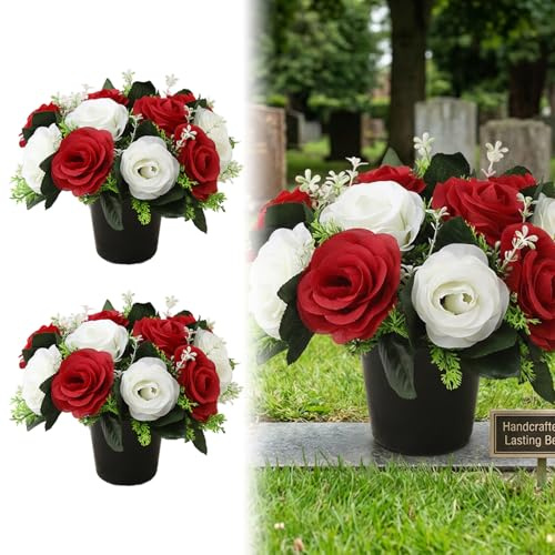 Otbushit Konstgjorda krukor minnesblommor för grav, 2-pack allvädersröda och vita gravdekorationer, stil-2