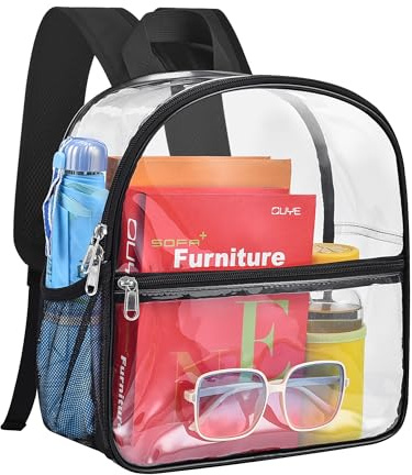 Paxiland Clear Backpack Stadium Approved 12×12×6 with Reinforced and Wider Shoulder Straps, Small Clear Bag for Schools, Concerts, Work, Festivals and Sporting Events - Black