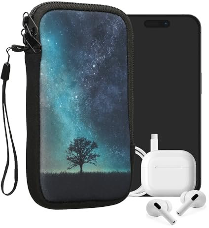 kwmobile Handytasche für Smartphones XL - 6,7/6,8 - Neopren Handy Tasche Hülle Cover Case Schutzhülle - Galaxie Baum Wiese Blau Grau Schwarz - 17,2 x 8,4 cm Innenmaße