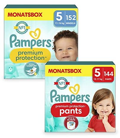 (New) Pampers Premium Protection Gr.5 Junior 11-16kg MonatsBox und (New) Pampers Premium Protection Pants Gr.5 Junior 12-17kg Monatsbox