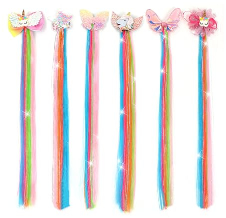 Xuxisowo 6 Pcs Unicorn Hair Bows Hair Clips For Girls Rainbow Hair Extensions For Kids Toddler Kids Ponytails Hand-made Cute Glitter Hair Accessories
