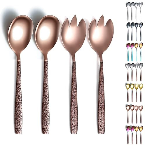Evanda Salad Server Set - Stainless Steel Serving Set, Brown Handle and Rose Gold Head, Spoon, Servers, Fork - Pack of 4