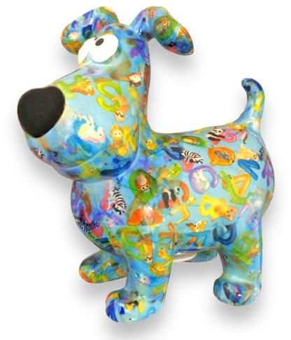 Pomme Pidou Money Box Dog Hugo Letters Motif in Light Blue Ceramic Piggy Bank with Animal Motif H20.2 x W10.5 x D19 cm Colourful Money Box as a Gift Idea