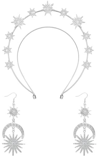 Amabro Halo Crown Stars Crystal Headband, Goddess Crown Halo Headband with Sun Moon Earrings Glitter Rhinestone Tiara Hair Band Accessories for Women Boho Bridal Wedding Headpiece(Silver)