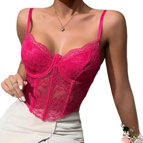 Haibang Dam crop top spets sexig spaghetti magfria toppar v-ringad bralette spetsar korsett smal passform camisole spets sommar cami linne topp, ROSA, XS