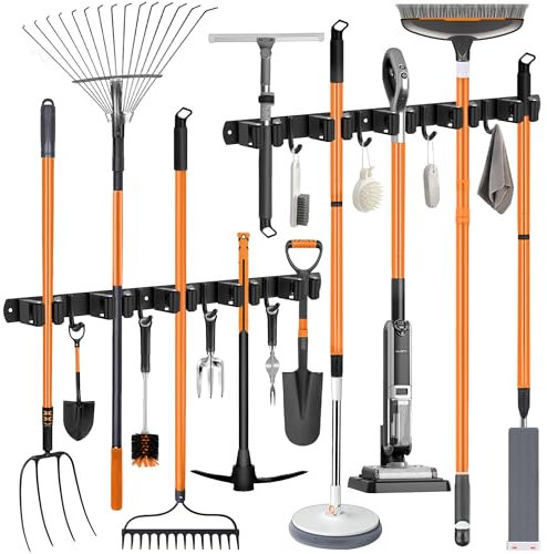 OMerima 2 Stück Besenhalterung Wand, 10 Halter + 8 Haken Edelstahl Gerätehalter, Selbstklebend Gartengerätehalter and Besenhalter, Schwarz Wandhalterung Aufhänger für Besen