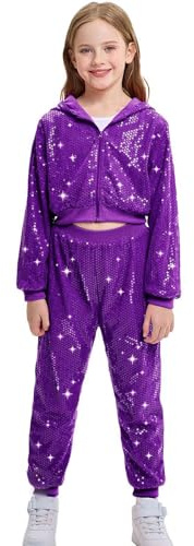 LOLANTA Enfant Costume de Danse Hip Hop à Paillettes Vêtements de Street Dance Ensemble Veste-pantalon, Violet, 12-13 ans, 170