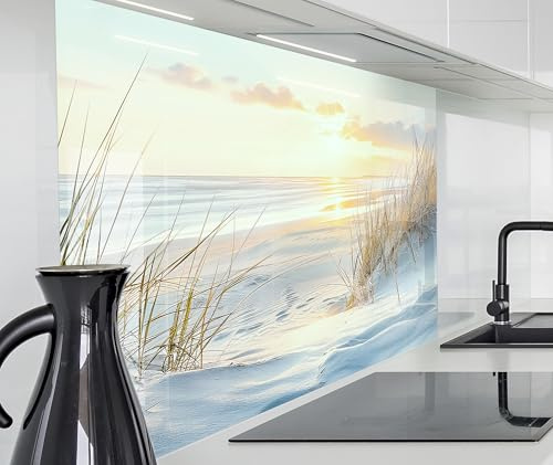 timalo Küchenrückwand Glasoptik | 60 x 40 cm Nordsee, Schilf, Sonnenuntergang, Meer, Reet | Acryl Glas 2mm | Spritzschutz Wand für Herd, Küche Glasrückwand Acrylglas Wandpaneele Rückwandschutz Platte
