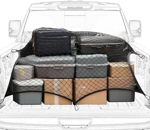 Highly Elastic Cargo Net, Pick-Up Truck Load Bed Mesh Organizer for Luggage, Tools & Sports Gear, For Van Roof or Rear Boot, 6 Carabiner Hooks, 1.2×1.2 m Stretch to 2.3×2.3 m