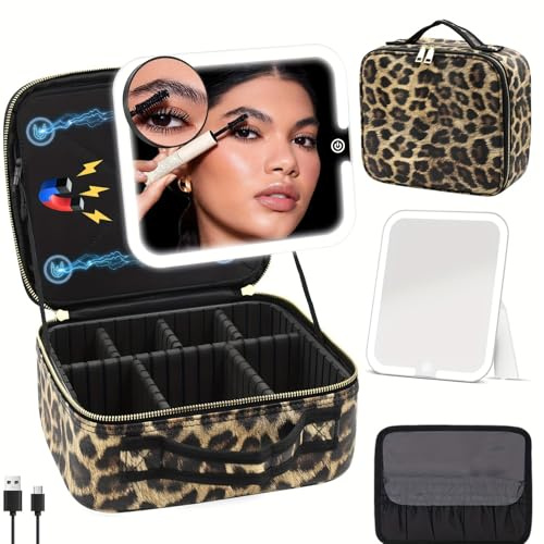 WITFAMILY Travel Makeup Bag with LED Mirror, Makeup case, Makeup Mirror with 3-Color Setting, Waterproof Makeup Box, 10x Magnifying Glass, Travel Makeup Storage Container (Leopard Print)