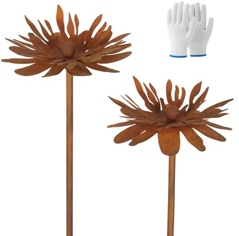 Juego de 2 piezas de decoración para jardín, óxido con guantes, crisantemo, decoración de jardín, para exteriores, resistente a la intemperie, óxido natural, crisantemo, crisantemo, crisantemo