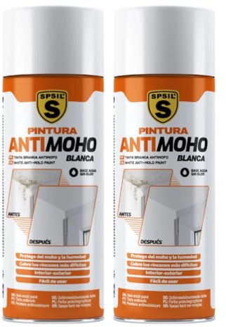 SPSIL Moho Guard Spray Antimoho Blanco 400ml X 2, Pintura Acrílica Antihumedad Interior y Exterior Base Agua Sin Olor Alta Opacidad para Paredes, Techos y Azulejos