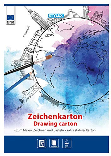 Stylex 46722 - Zeichenkartonblock weiß, DIN A3, 10 Blatt 190 g/m², extra stabiler Block mit weißem Zeichenpapier, zum Zeichnen, Malen und Skizzieren