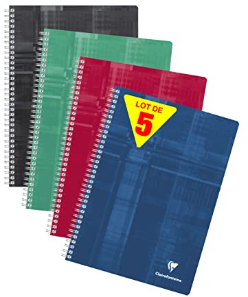 Clairefontaine 68162C - Set of 5 Spiral Notebooks - Size: A4 21x29.7 cm - 180 Small Squares Pages - White Paper 90 g - Laminated Card Cover - Random Colours