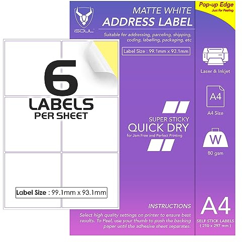 6 Labels Per A4 Sheet, 50 Sheets 300 Sticky Label, Printable Sticker Paper, iSOUL Matte Self Adhesive Address Mailing, Shipping, Postage, Laser & Inkjet Printer Compatible [Quickdry]
