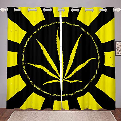 Cortinas de Ventana con Hojas de Marihuana, Color Amarillo, Parade Hojas de Cannabis, Cortinas geométricas tratamientos botánicos de cáñamo, W46 x L72
