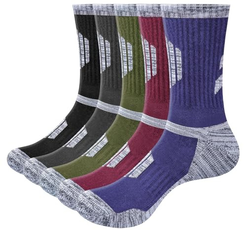 OUYJIA Mens Socks Moisture Wicking Cushioned Sports Walking Socks For Men 7-10, Breathable Anti-Odor Work Sock Padded Safety Welly Boot Sock, Multipack, 5 Pairs