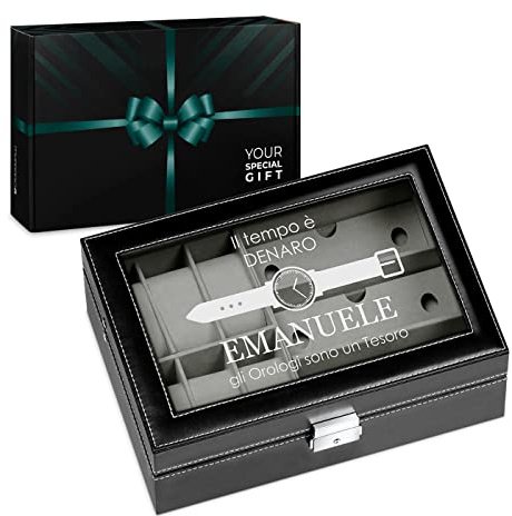 Maverton Scatola Porta Occhiali ed Orologi - 9 scomparti - 6 Orologi - 3 paia di Occhiali - in Similpelle Nera e Velluto Grigio - Personalizzato con Incisione - per uomo - Tempo è denaro