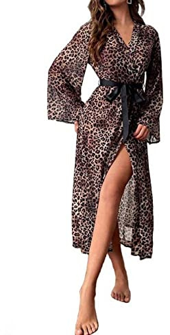 Robe Sexy en Satin Léopard pour Femme,Robe de Chambre Soyeuse Et Douce Kimono Long Et Confortable Peignoir de Nuit Vêtements de Nuit Décontractés Chemise de Nuit,Léopard,M