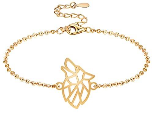 Fauna Bracelet Animal Loup Couleur Or ou Argent avec Chaîne ou Cordon Noir pour Femme, Homme ou Enfant, Résistant et Ajustable Fabriqué en France