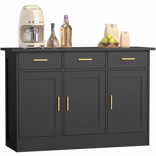 Buffet Cabinet with Storage - Buffets & Sideboards Kitchen Storage Cabinet, Wood Console Table Coffee Bar Accent Cabinets for Living Room Dining Room Entryway Large 3 Doors & Drawers, Black 47.2W