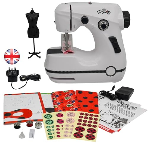 Miraculous Ladybug - Mini máquina de coser Marinette para principiantes y niños, tela de máquina portátil de doble velocidad, maniquí negro, recortes de máscara de superhéroe y pedal (Wyncor)
