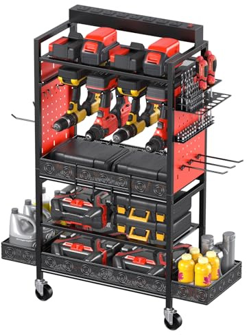 CCCEI Garage Power Tools Organizer Cart with Charging Station, Red Floor Standing Rolling Drill and Tools Battery Storage Cart on Wheels. Utility Rack Gift for Men, Husband, Father.