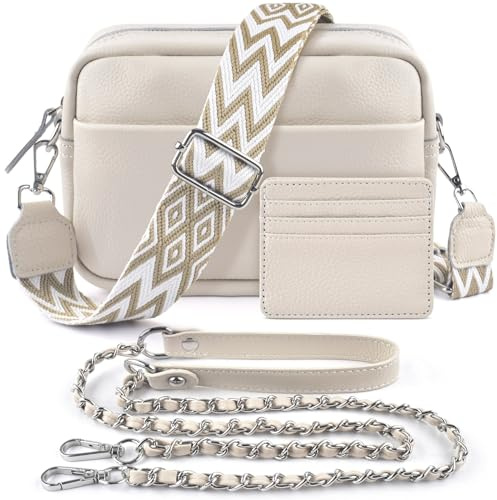 BROTOU Crossbody Bag for Women, Leather Handbag & Shoulder Bag with Adjustable Wide Strap, Chain Strap & 3-Slot Card Holder, Camera Cross Body Bag for Lady Girl Shopping Daily Use (A-Beige)