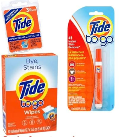 Propartou spotless travel, set pour voyages sans taches ni accident, set de 1 stylo detacheur tide, 1 paquet de 10 lingettes, et 3 lessives a emporter pour lavage dans l'evier