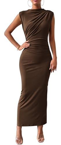 BTFBM Women Ruched Bodycon Maxi Dresses Summer Casual Sleeveless Lightweight Slit Elegant Cocktail Wedding Guest Dress(Coffee, Small)